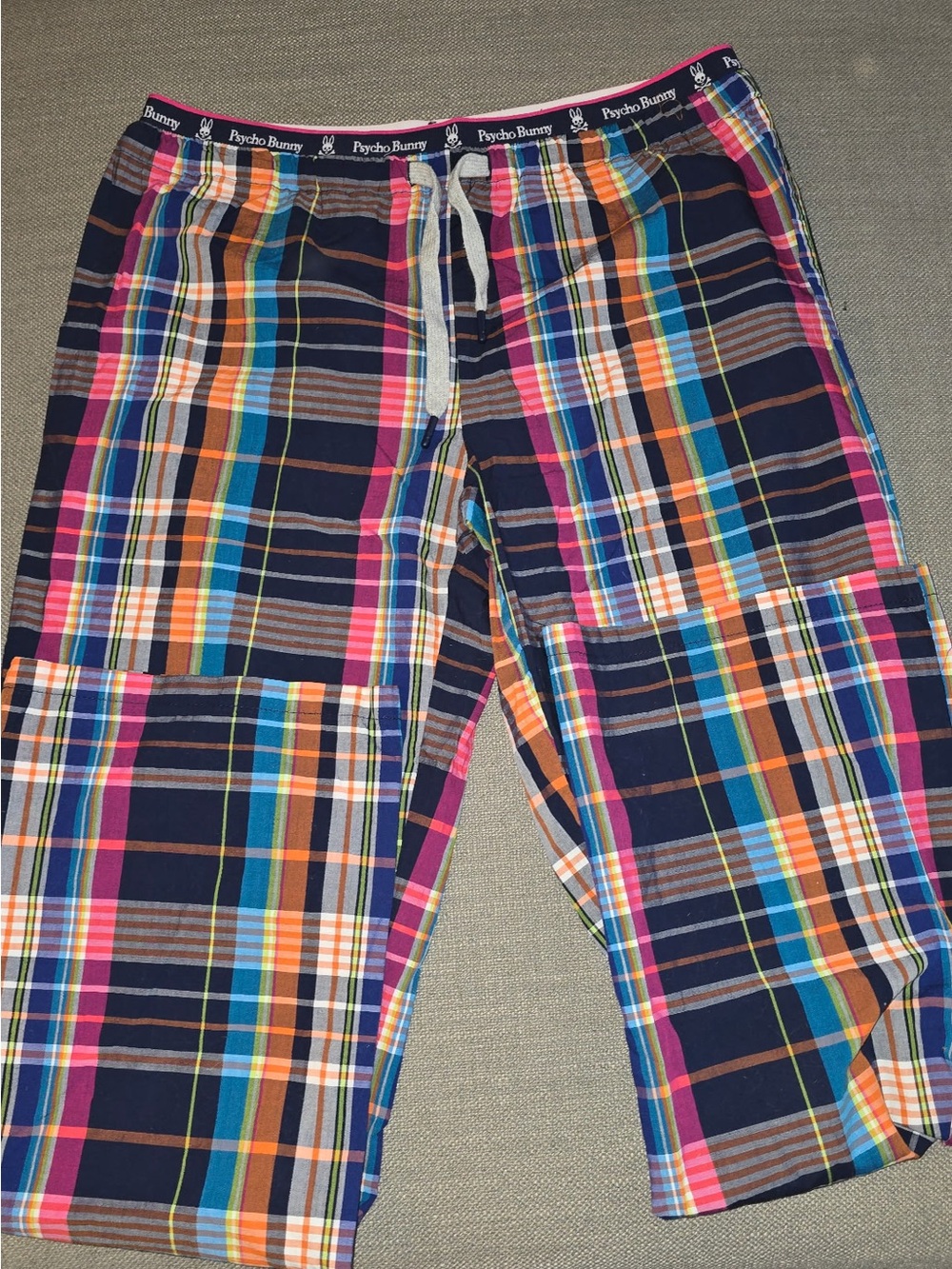 Psycho Bunny Men’s Navy Multicolor Plaid Lounge Pants with Drawstring